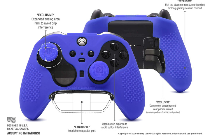 Elite Series 2 Studded Grip Skin for Xbox One Elite Series 2 Controller (NOT for Series X/S/Elite 1) - Sweat Free Silicone w/Flat Top Anti-Slip Studs + 8 QSX-Elite Thumb Grips (Blue)