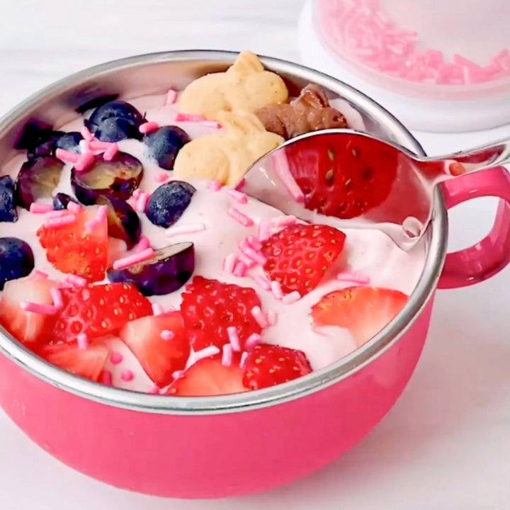 Din Din Smart Stainless Steel 11 oz Feeding Bowl with Handles for Babies, Toddlers and Kids. BPA Free, Pink