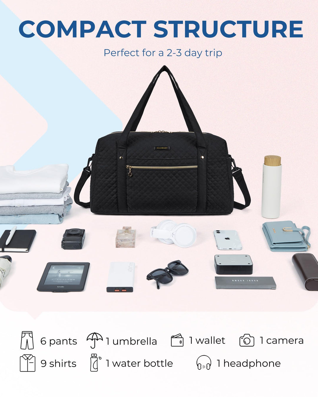 Travel Duffle Bag 31L Quilted Weekender Overnight Bag for Women with Laptop Compartment, Large Carry On Airport Bag with Wet Pocket & Shoe Bag for Travel, Business Trips, Sports(Black)