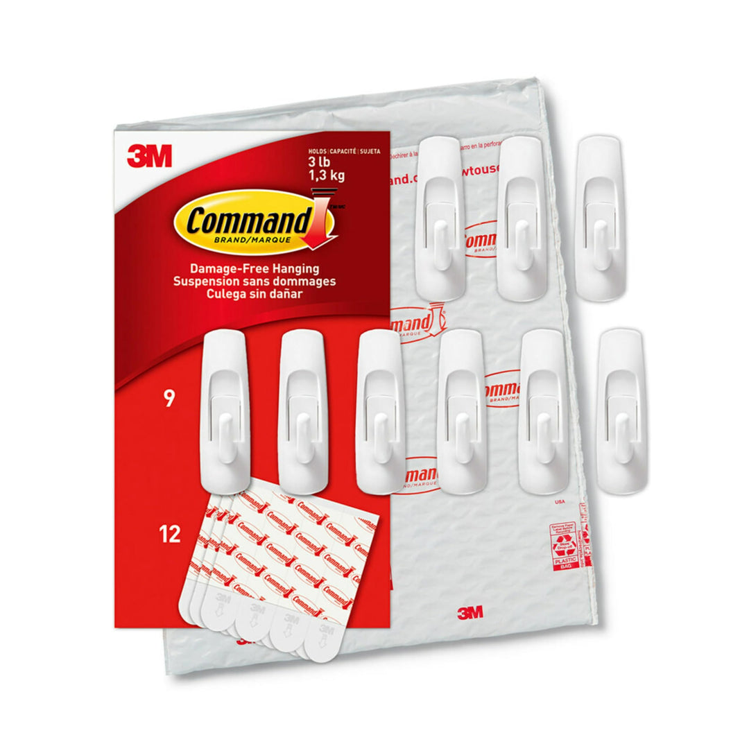 Medium Utility Hooks, Damage Free Hanging Wall Hooks with Adhesive Strips, No Tools Wall Hooks for Hanging Organizational Items in Living Spaces, 9 White Hooks and 12 Strips