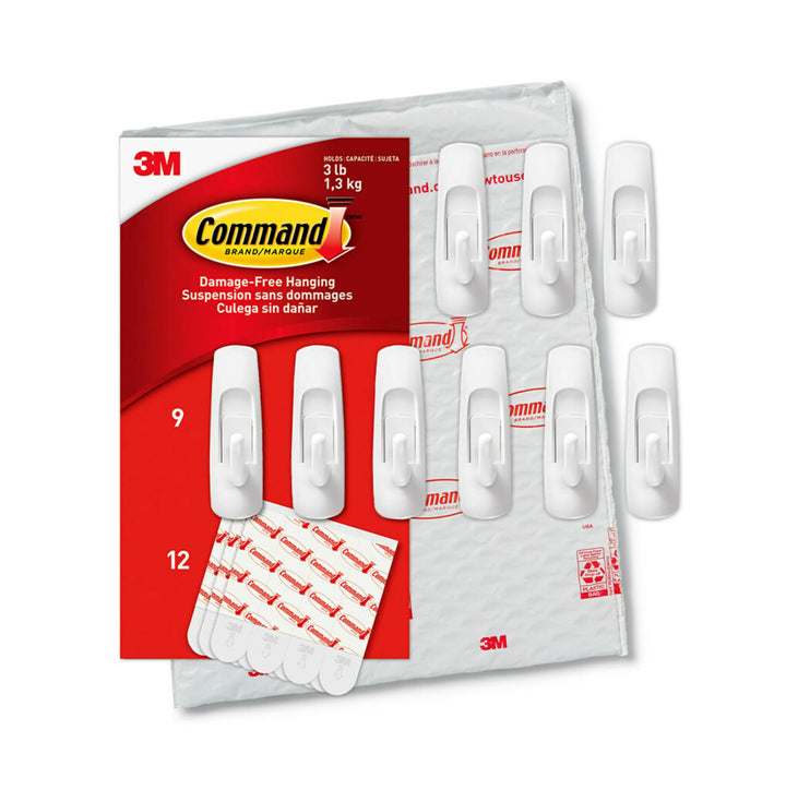 Medium Utility Hooks, Damage Free Hanging Wall Hooks with Adhesive Strips, No Tools Wall Hooks for Hanging Organizational Items in Living Spaces, 9 White Hooks and 12 Strips