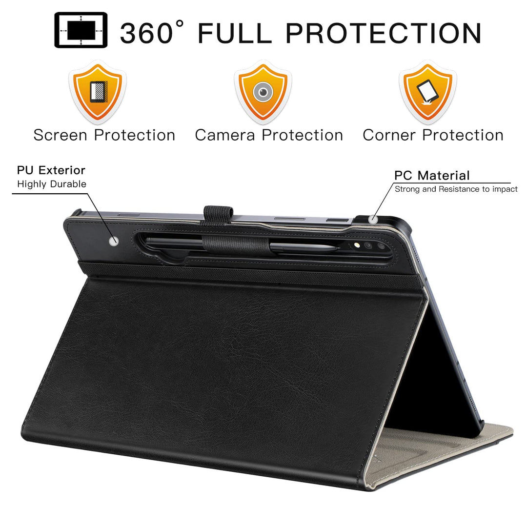 for Galaxy Tab S7 FE 5G/S8 Plus/S7 Plus 12.4 Case, Premium PU Leather Folding Stand Cover with Pen Holder & Multi-View Angles for Samsung Tablet S7 FE 2021/S8+ 2022/S7+ 2020, Denim Black