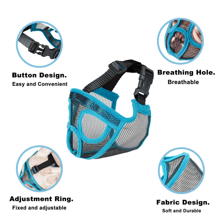Short Snout Dog Muzzle Mesh Bulldog Muzzle Anti-Biting Barking Chewing, Adjustable (M, Lake Blue)