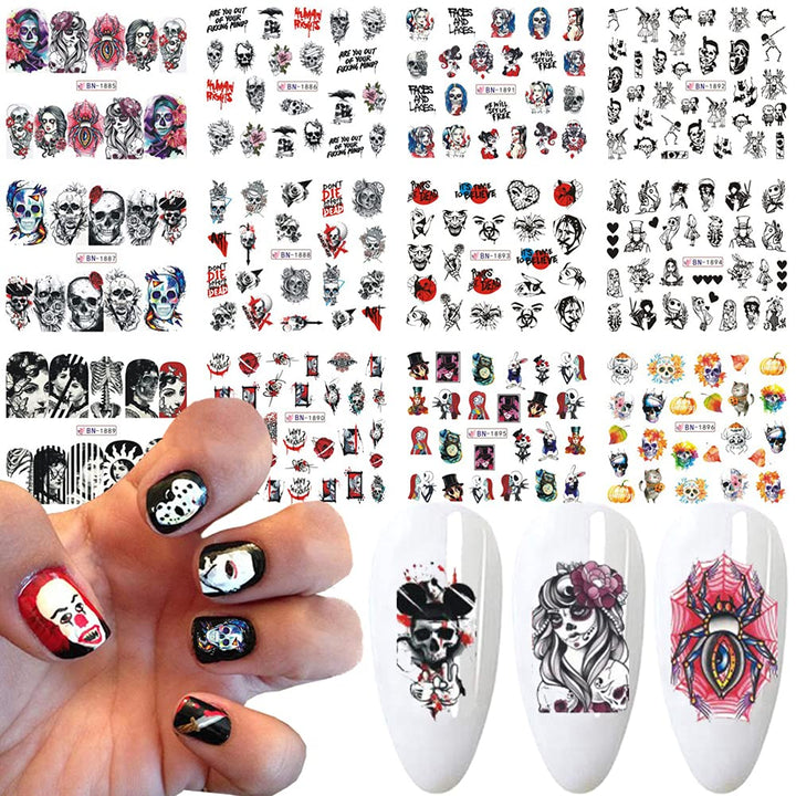 Halloween Nail Stickers Day of The Dead Nail Art Water Decals Transfer Foils for Nails Supply Watermark Skull Nail Art Decals Nail Tattoo for Halloween Party Nail Supplies Manicure Decorations 12PCS