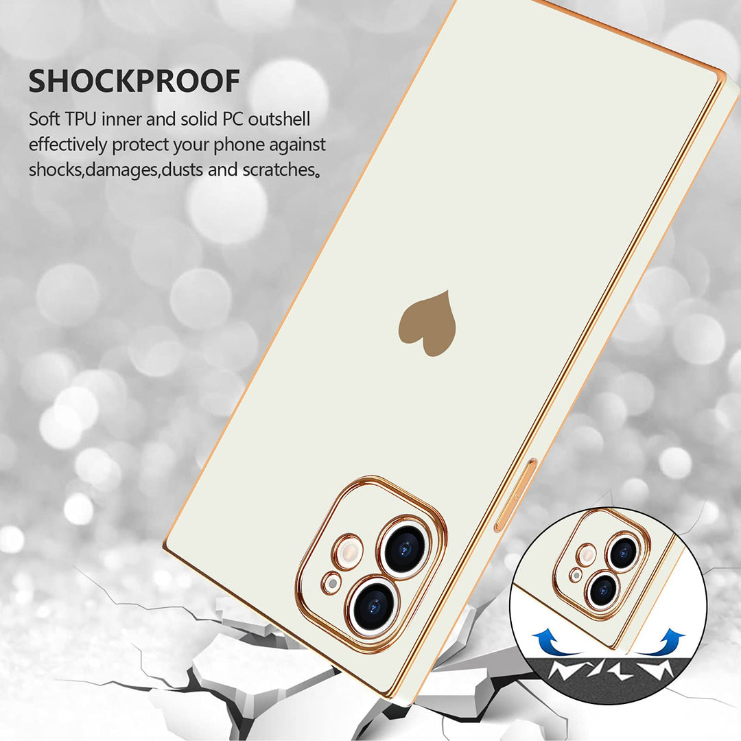 Compatible with iPhone 12 Case Rectangle Cute Plating Gold Luxury Love Heart Phone Case for Women Girls Shockproof Raised Full Camera Lens Protection Bumper Cover for iPhone 12, White