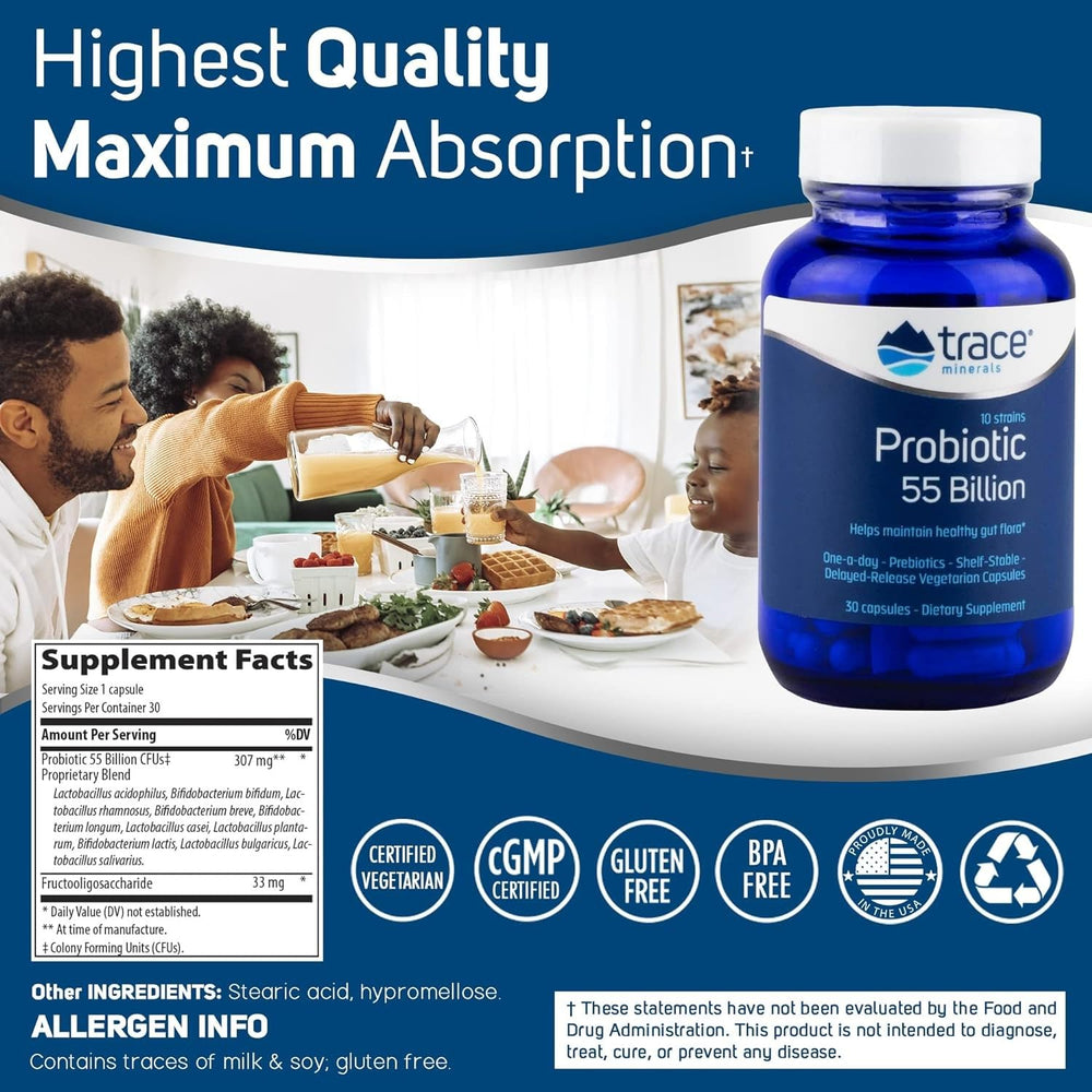 Probiotic 55 Billion - Gut Health Support Supplement with Probiotics & Prebiotics - Dietary Supplement to Support Healthy Gut Flora & Digestive Health - 30 Capsules (30 Servings)