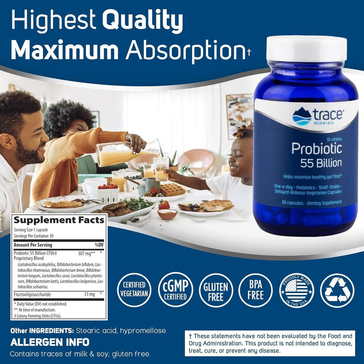 Probiotic 55 Billion - Gut Health Support Supplement with Probiotics & Prebiotics - Dietary Supplement to Support Healthy Gut Flora & Digestive Health - 30 Capsules (30 Servings)