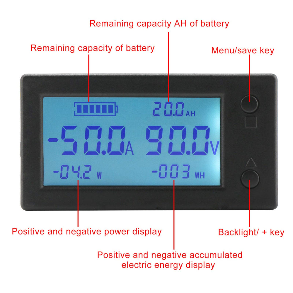 Battery Monitor, Amp Volt Power Watt Meter DC 0-300V 200A STN LCD Display Panel Meter, Current Voltage Energy Capacity Ammeter Voltmeter Multimeter Gauge with Hall Sensor, 2.5m Shielde