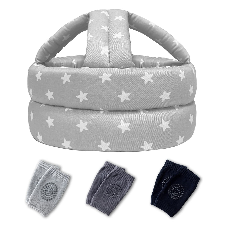 Baby Helmet for Crawling Walking, Baby Helmet with 3 Pairs Knee Pads, Soft Baby Helmet Infant Helmet, Toddler Head Cushion Bumper Bonnet for Baby Learning to Walk (Grey)