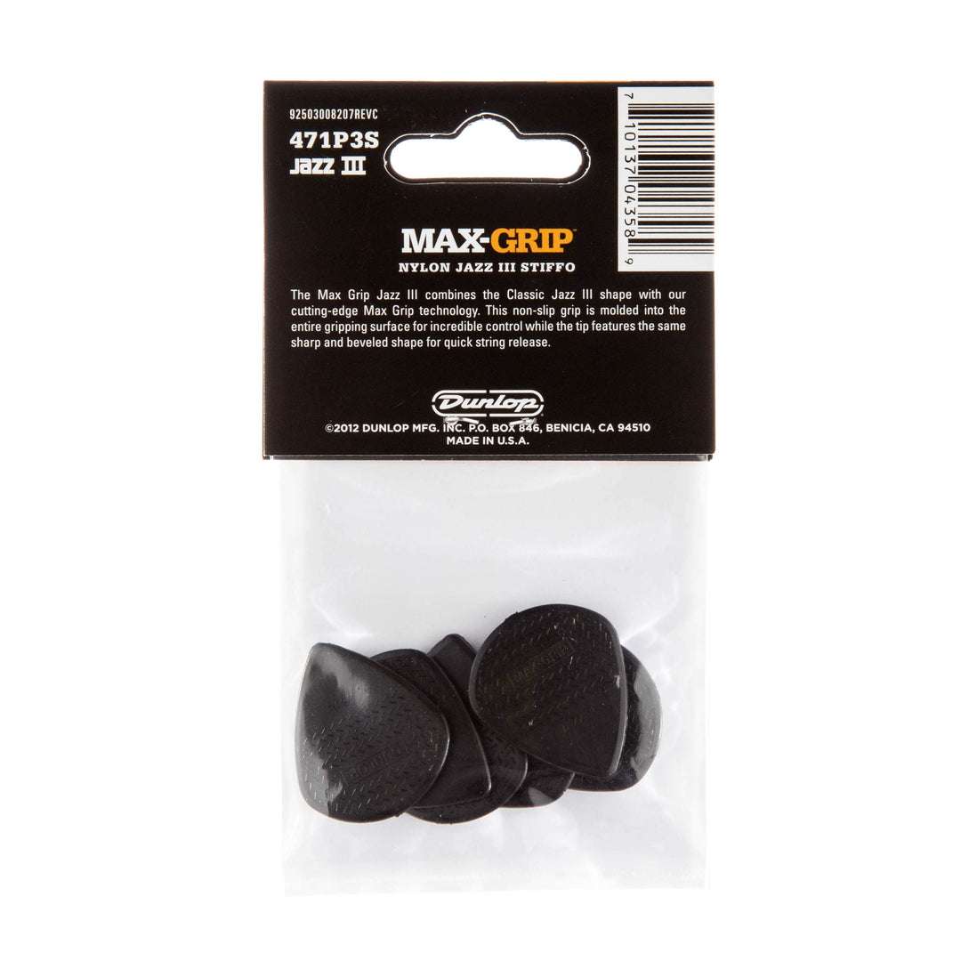 Dunlop 471P3S Max-Grip® Jazz III, Black Stiffo, 6/Player's Pack