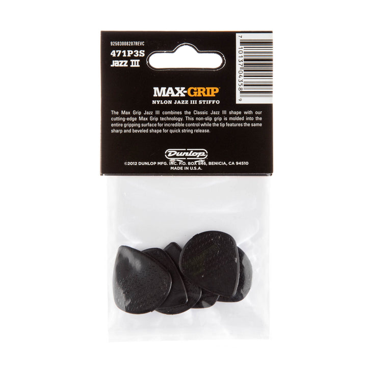 Dunlop 471P3S Max-Grip® Jazz III, Black Stiffo, 6/Player's Pack