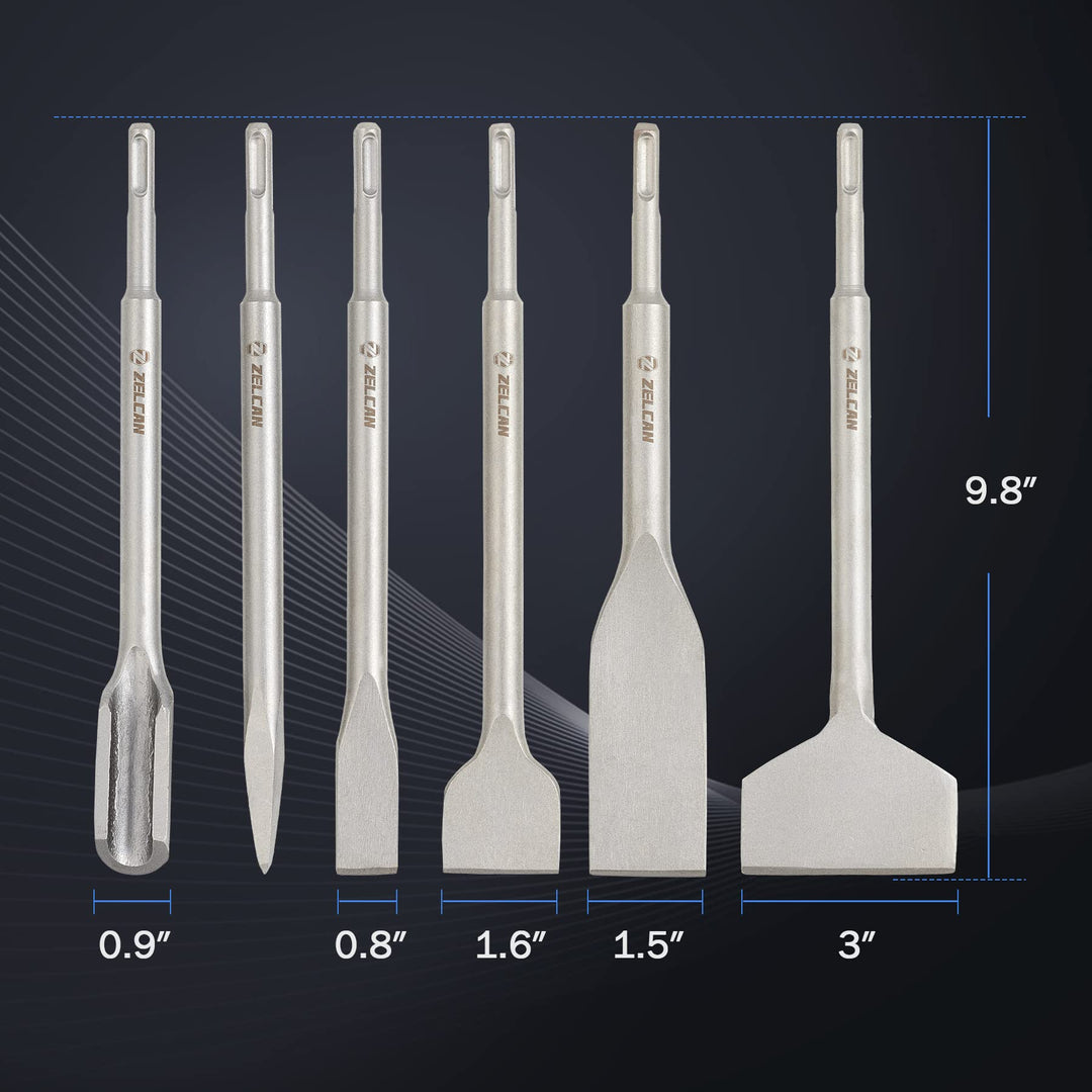 Chisel Set with SDS Plus Shanks, 6pc Masonry Concrete Drill Bit Set, Tile Grooving Scraping Flat Point Scaling Chisels 40Cr Steel Rotary Hammer Drill Tool Kit SDS Plus Bits for Home Improvement