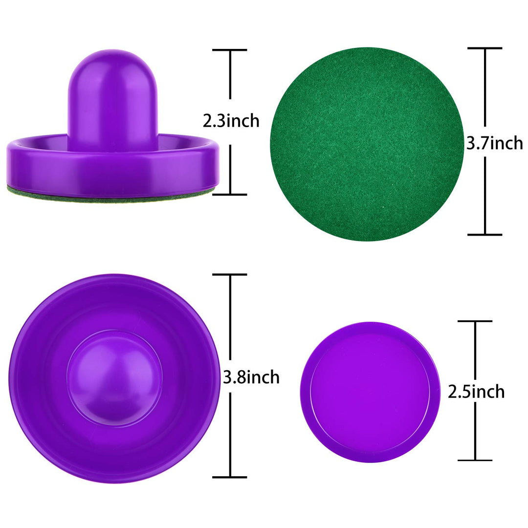 Air Hockey Pushers and Red Air Hockey Pucks, Goal Handles Paddles Replacement Accessories for Game Tables(4 Striker, 8 Puck Pack) (Purple and Yellow)