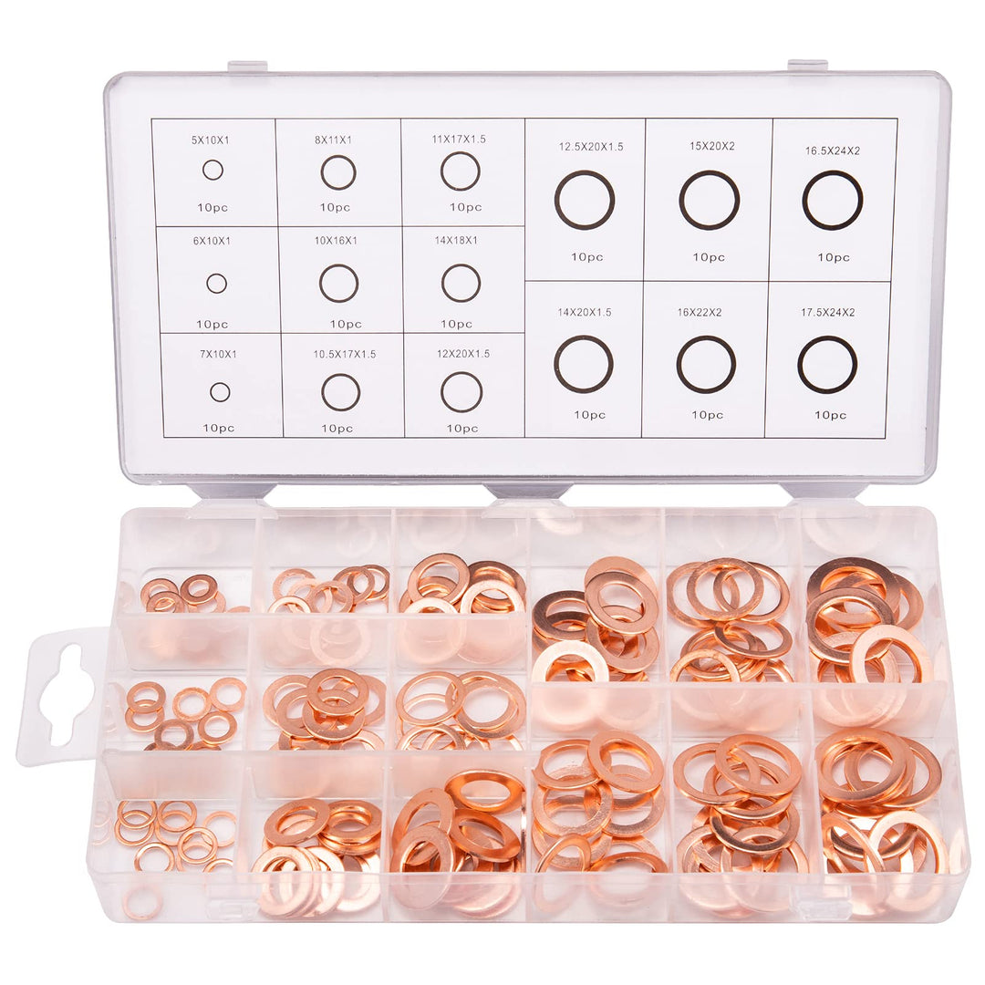 150PCS 15 Sizes Copper Metric Sealing Washers Assortment Set Flat Ring Sump Plug Oil Seal Gasket Sealing Washers Crush Washer Assortment M5/6/7/8/10/10.5/11/12/12.5/14/15/16/16.5/17.5