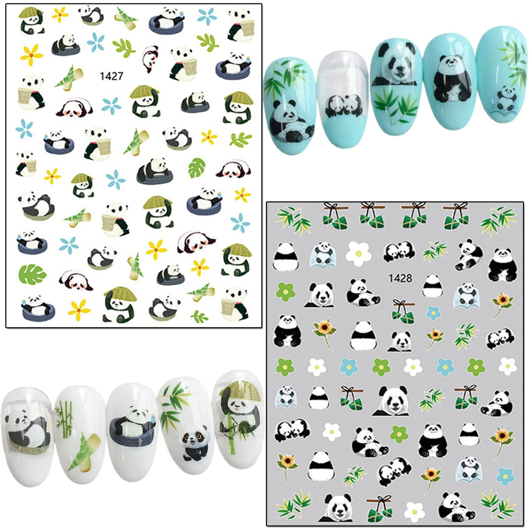 Panda Nail Art Stickers, Cartoon Bear Nail Self-Adhesive Sticker Design, Holographic Cute Bear Flowers Leaf Nail Art Decals Supplies for Women Girls Manicure Animal Decoration Resin Pet Transfer Decal