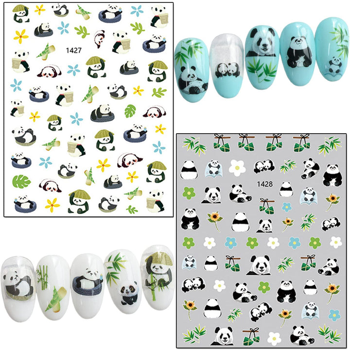 Panda Nail Art Stickers, Cartoon Bear Nail Self-Adhesive Sticker Design, Holographic Cute Bear Flowers Leaf Nail Art Decals Supplies for Women Girls Manicure Animal Decoration Resin Pet Transfer Decal