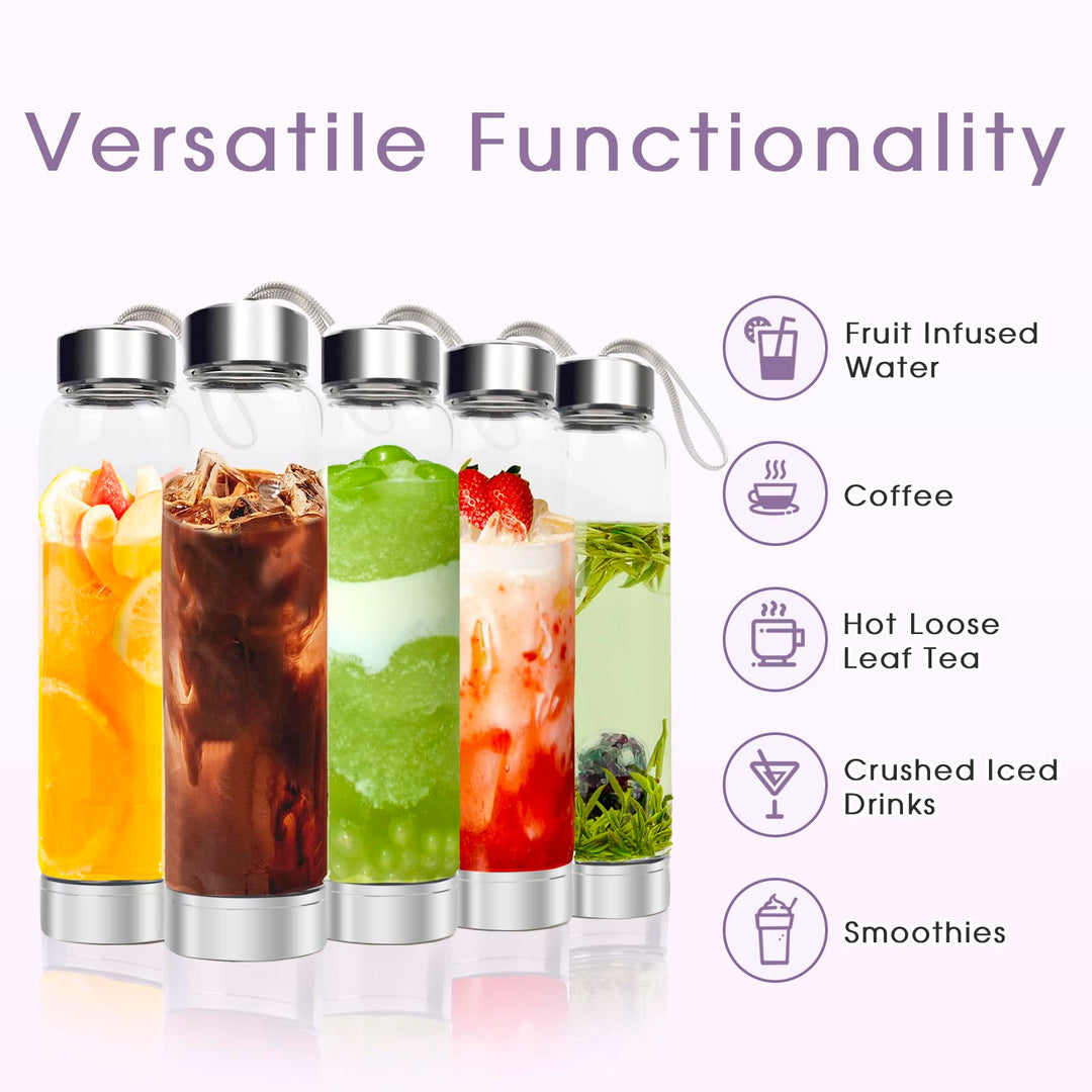 Crystal Water Bottle - Quartz Glass Water Bottle with Changeable Natural Crystal Center,Loose Natural Gem Leaf Tea Infuser Bottle, Gemstone Elixir Infused Glass Water Bottle with Sleeve Protective