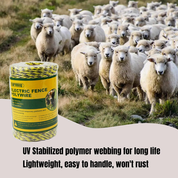 Portable Electric Fence Polywire, 656 Feet 200 Meter, 6 Conductors, Yellow and Black Color, Easy to Install Repair Splice and Rewind