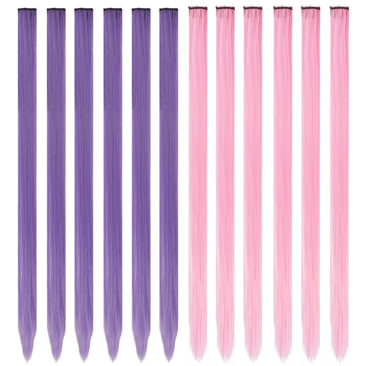 Colored Hair Extension, 12 PCS Purple Pink Hairpiece for Girls Princess Party Highlight Colorful Straight Hair Extensions Clip in Costumes Hair Piece for Girls Dolls, 20 inch