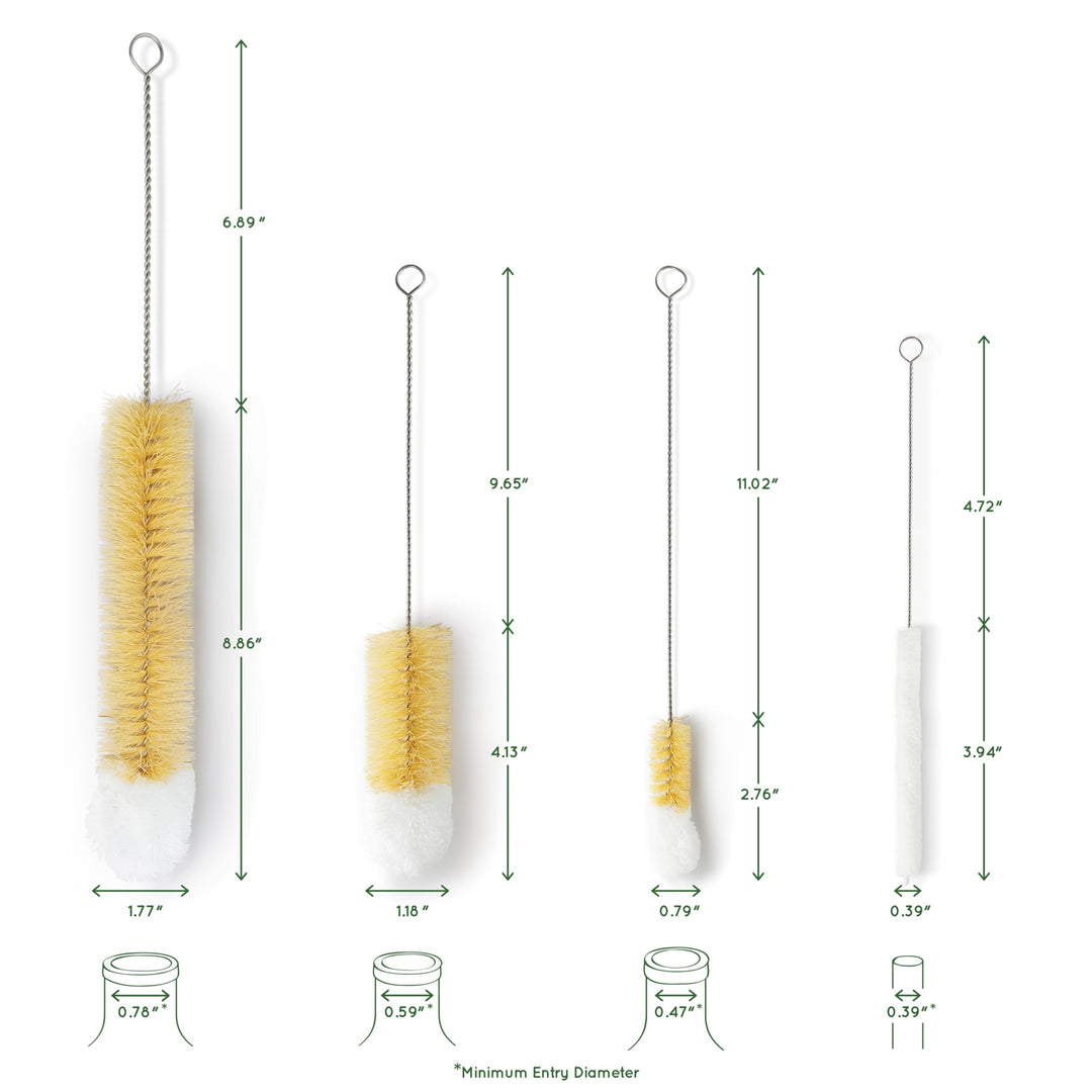 Bottle Cleaner Brush Set | 4 Cleaning Brushes | Bottle Brush Cleaner Set | Water Bottle Brush | Bottle Scrubber | Small & Long Bottle Brush for Glass - Soft Cotton Tip to Prevent Scratches