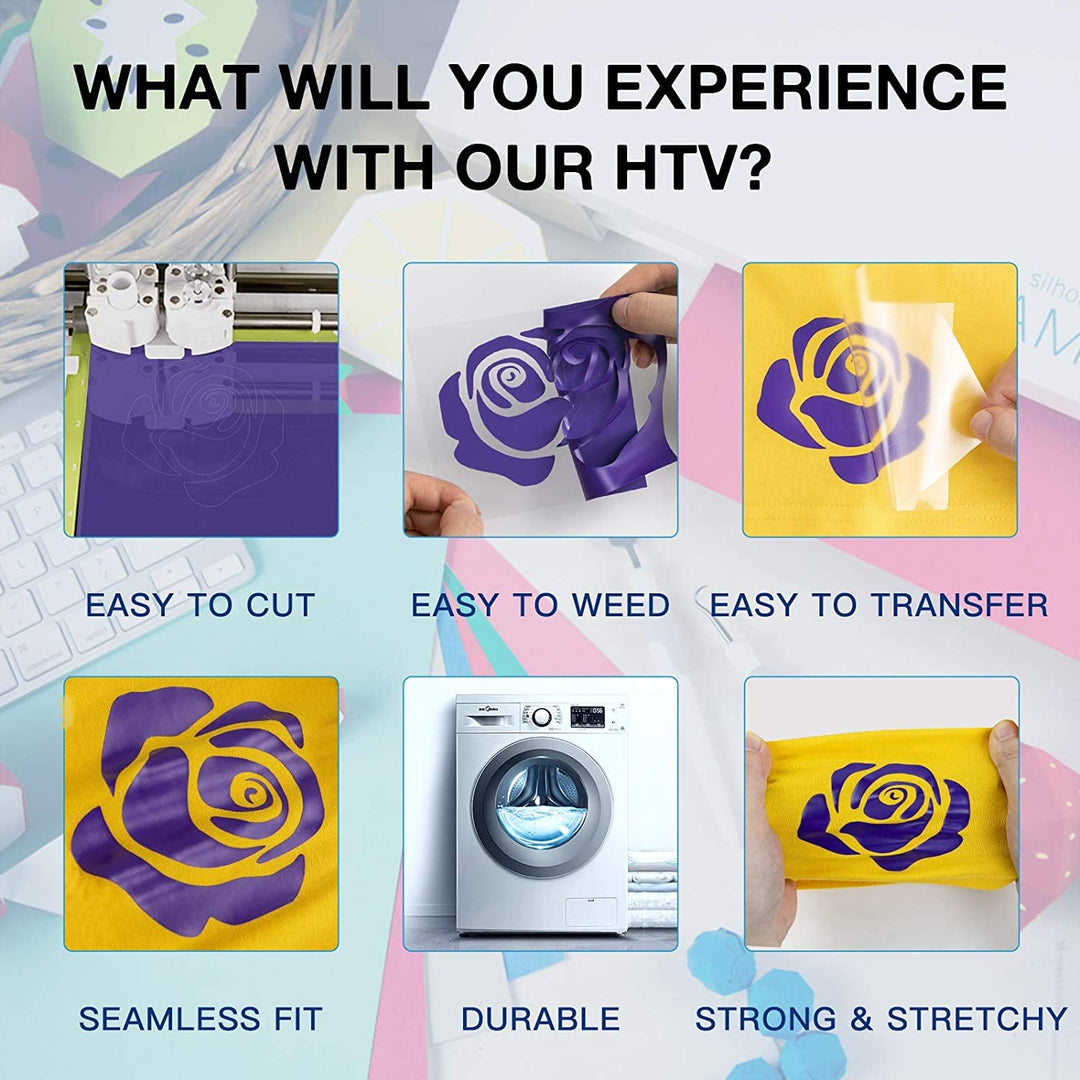 HTV Vinyl Rolls Heat Transfer Vinyl - 12 x 8ft Purple HTV Vinyl for Shirts, Iron on Vinyl for Cricut & Cameo - Easy to Cut & Weed for Heat Vinyl Design (Purple)