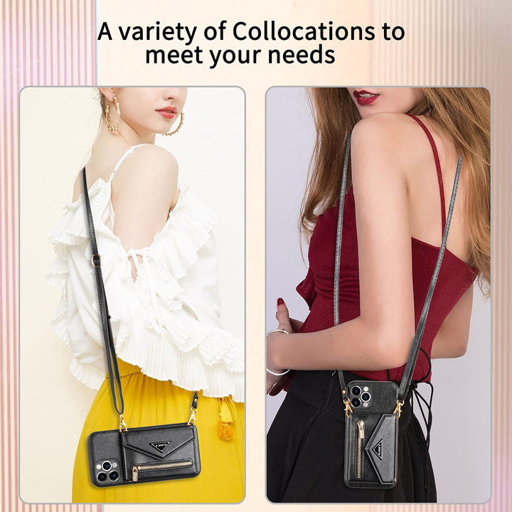 Wallet Crossbody for iPhone 13 Pro Max Phone Case with Lanyard Strap Credit Card Holder 6.7'', PU Leather Protective Handbag Zipper Purse Kickstand Cover Women Girl (Black)