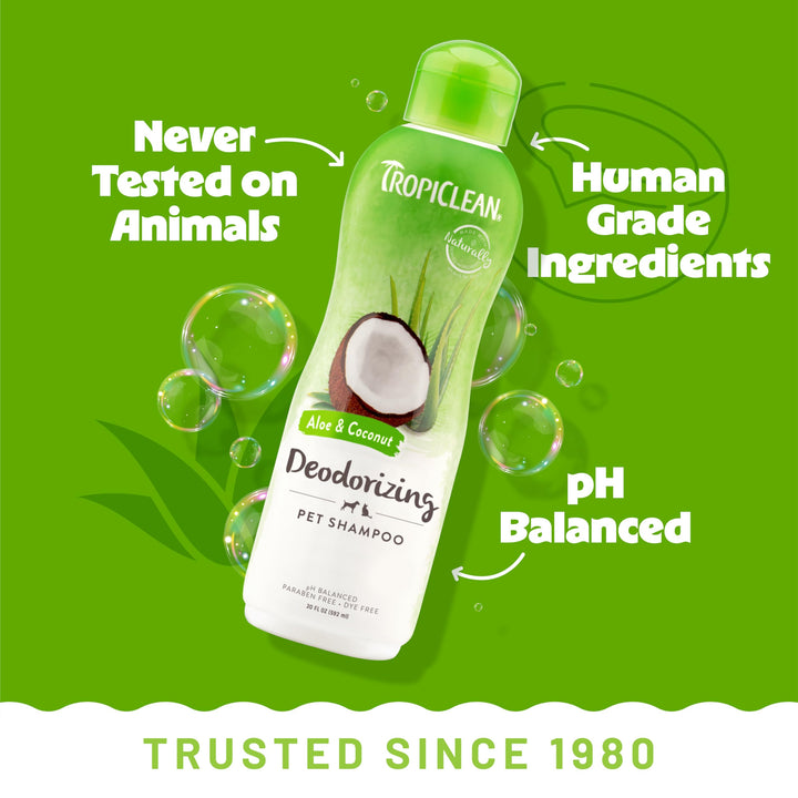Deodorizing Dog Shampoo for Smelly Dogs, Powerful Odor Control, Puppy Safe, Made in the USA, Aloe & Coconut Scent, Cat Friendly, 20oz.