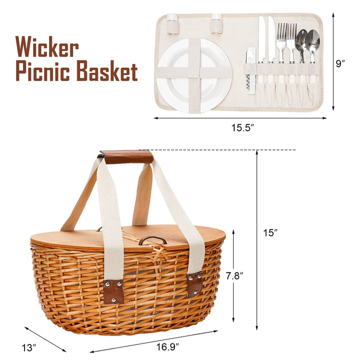 Wicker Cooler Picnic Basket Set for 2 with Double Wooden Lids & Handles, Country Style Insulated Cooler Bag with Cutlery Service Kits, Willow Picnic Hamper Basket W/Lining for Camping, Party, Wedding