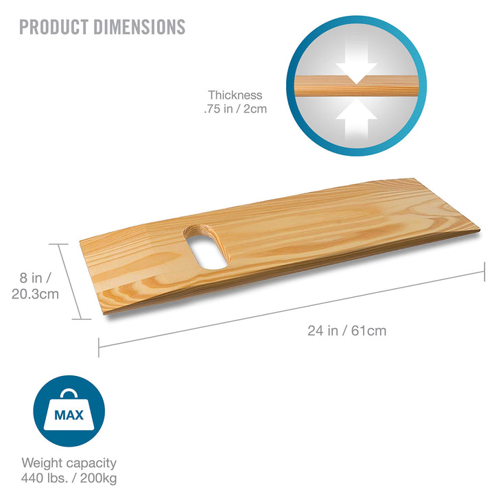 Transfer Board and Slide Board made of Heavy-Duty Wood for Patient, Senior and Handicap Move Assist and Slide Transfers, Holds up to 440 Pounds, FSA HSA Eligible, 1 Cut out Handle, 24 x 8 x .75