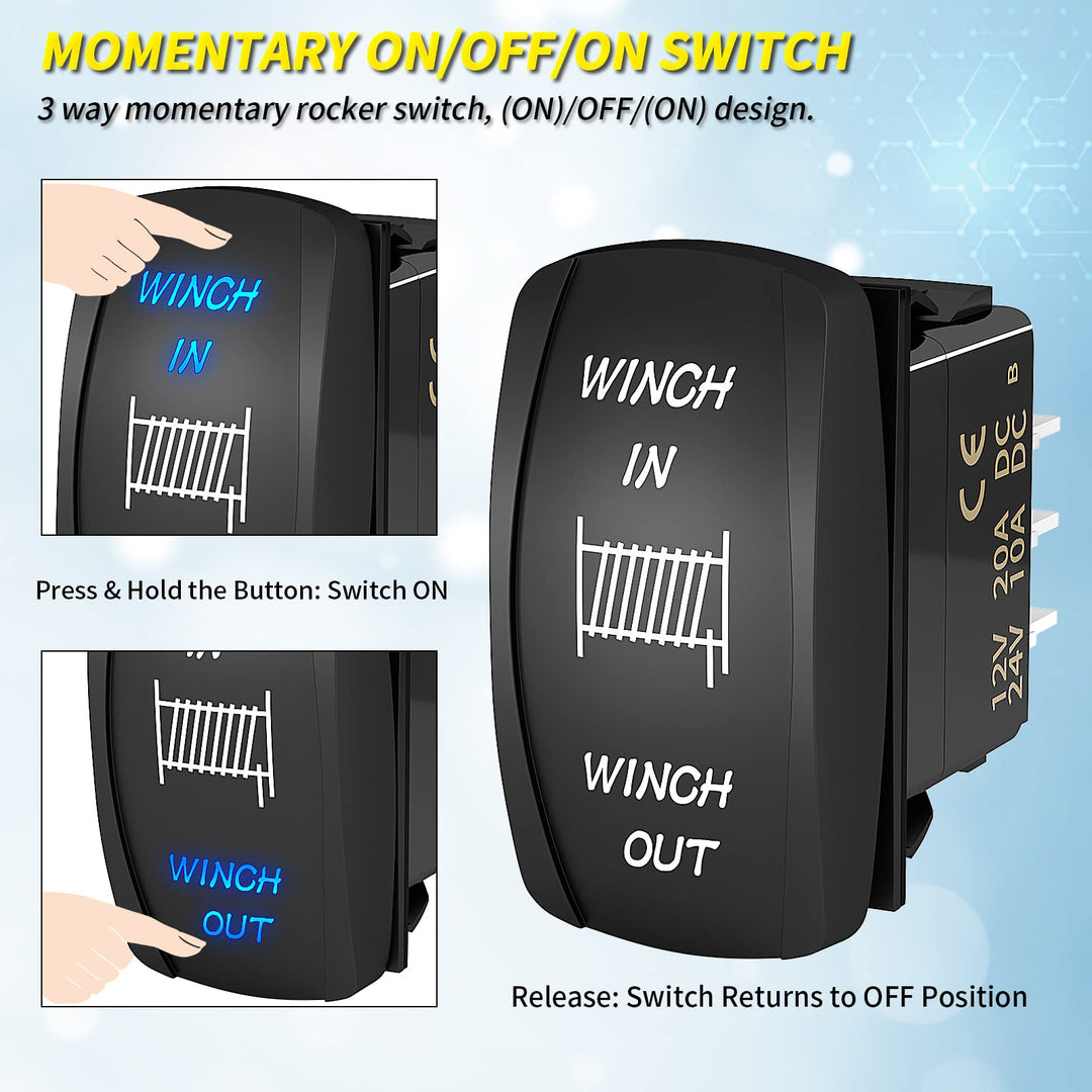 Joinfworld Winch Switch Winch in Winch Out Momentary ON/Off/ON 7 Pin Winch Rocker Switch Toggle 3 Way 20A 12V 10A 24V DC Waterproof Blue for ATV UTV Polaris Automotive Marine Boat, DR-A11L27GBL/LJ56