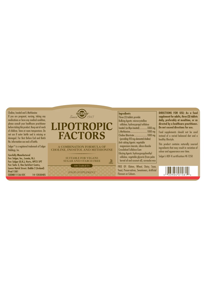 Solgar Lipotropic Factors, 100 Tablets - Liver Support - Vegan, Gluten Free, Dairy Free, Kosher - 33 Servings