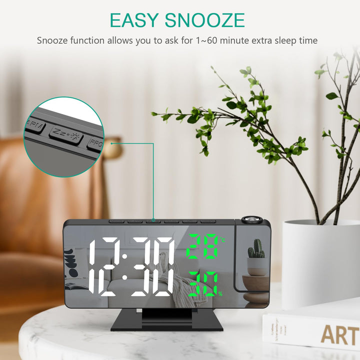 Projection Alarm Clock, LED Alarm Clock, 7.8 Mirror Display Bedroom Clock with 180° Rotatable Projector, Temperature Humidity Display, USB Charging Port, Snooze, Adjustable Brightness