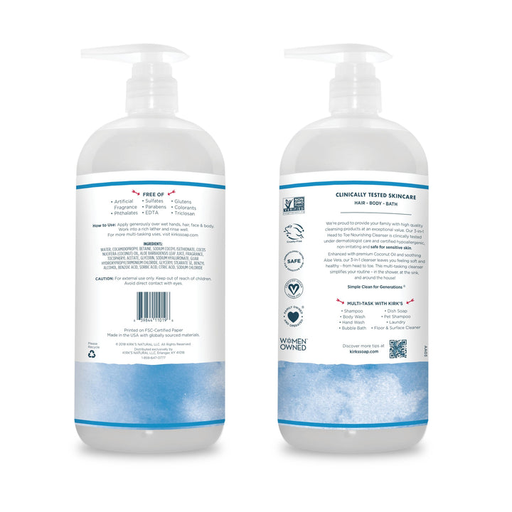 3-in-1 Castile Liquid Soap by Kirk’s | Head-to-Toe Natural Shampoo, Face Soap & Body Wash for Men, Women & Children | Coconut Oil + Aloe Vera | Original Fresh Scent | 32 Fl Oz. Pump Bottle