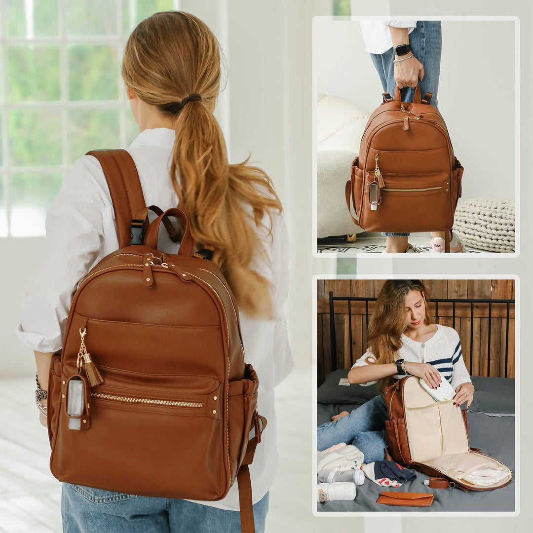 Diaper Bag, Diaper Bag Backpack, Baby Diaper Bag, Leather Diaper Bag Backpack with Changing Pad & Stroller Strap,Multi-function Large Capacity & Waterproof Travel Backpack, Brown