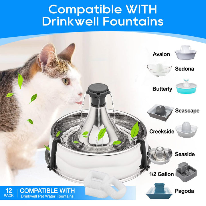 Cat Water Fountain Filter Replacement, Pet Fountain Replacement Foam Filters Compatible with Petsafe Drinkwell Pet Fountain Filters for Drinkwell Stainless Steel 360 Water Fountain 12PCS
