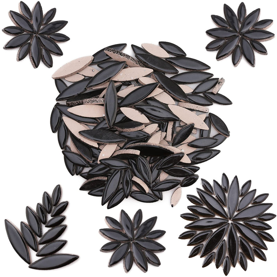Ceramic Mosaic Tiles for Crafts,Petal Shape Black Mosaic Pieces for Craft Supplies (Black,3 Sizes,312g)