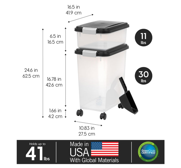 USA Dog Food Storage Container, 30 lbs & 11 lbs Combo, Cat Food Storage Container, Dog Treat Container, Airtight, Stackable, 2-Cup Scoop, Wheels, Easy Mobility, Black