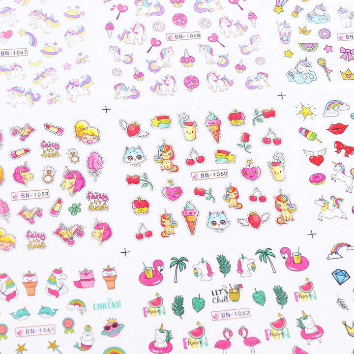 Unicorn Nail Art Stickers for Girls 12 Sheets Cute Nail Beauty Supplies Decals Unicorns Stars Moons Cherries Flamingos Rainbows Design for Nails DIY Decorations Manicure Tips Kids Birthday Gifts