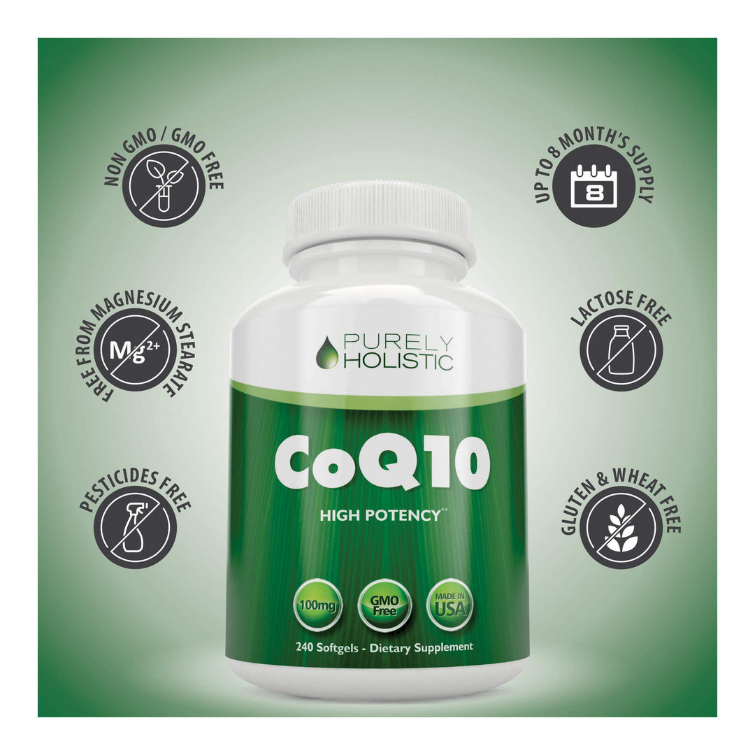 CoQ10 100mg - 240 SoftGels - 8 Month Supply - Ubiquinone Coenzyme Q10 Supplement - with Organic Olive Oil - Soy Free Co Q 10 - Made in The USA