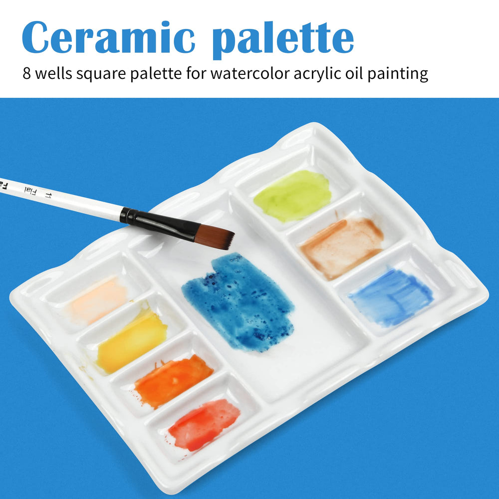 Artist Ceramic Palette, 8 Well Rectangle Porcelain Watercolor Paint Palette for Watercolor Gouache Acrylic Oil Painting, 7-Inch