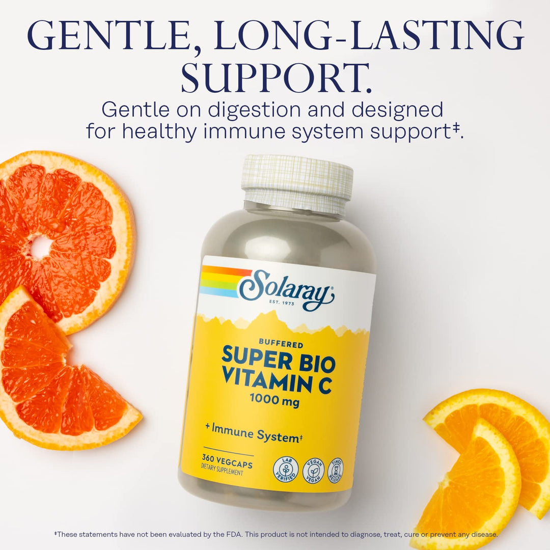Super Bio Buffered Vitamin C 1000mg, Two-Stage, Timed Release Vitamin C with Bioflavonoids, Immune Support Supplement - High Absorption, Vegan, 60 Day Guarantee, 180 Servings, 360 VegCaps 180