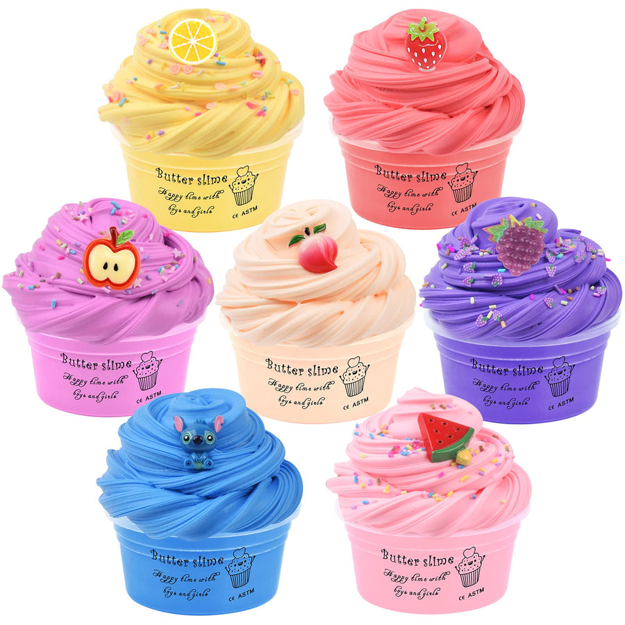 7 Pack Mini Butter Slime Kit for Girls 10-12, with Blue Slime, Lemon Watermelon and Peach Slime Charm etc,DIY Scented Putty Slime for Kids,Soft and Non-Sticky,Cute Stuff Toys