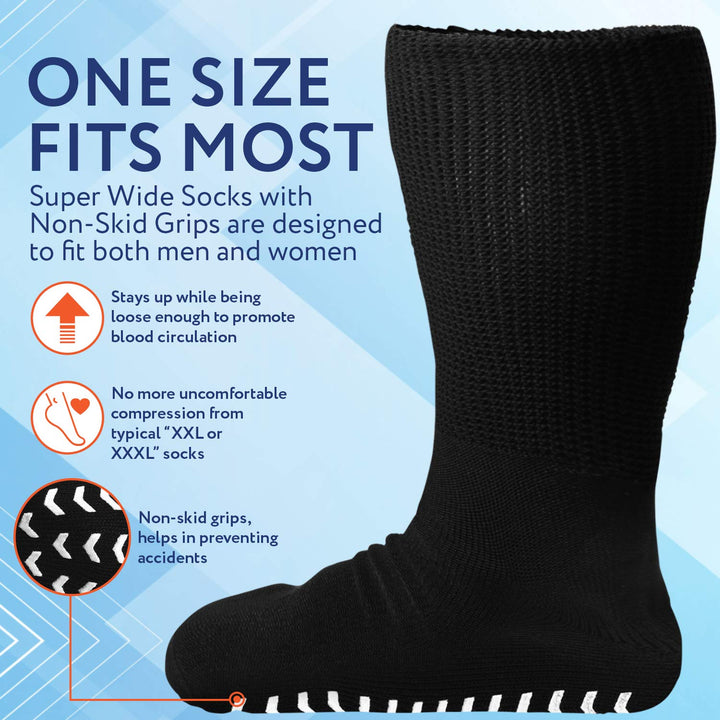 2 Pairs of Super Wide Socks With Non-Skid Grips for Lymphedema - Bariatric Sock - Oversized anti-slip Sock Stretches up to 30'' Over Calf for Swollen Feet & Mens & Womens Legs-One Size Unisex