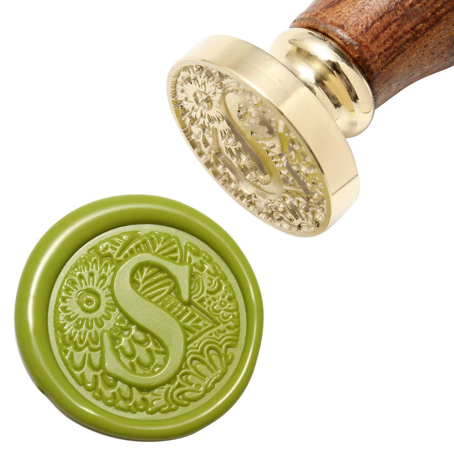 Letter S Wax Seal Stamp, Brass Head Botanical Alphabet Initial Sealing Stamp with Wooden Handle