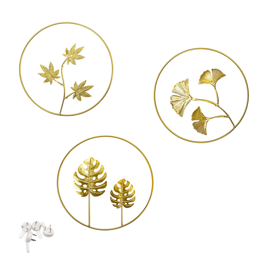 9.5 Inch Iron Wall Sculptures,Gold Metal Ginkgo, Maple, Monstera Leaf Wall Decor Round Wall Ornaments,Easy Installation Great for Bedroom Hanging Parts Hotel Wall Decoration (Gold, 3)
