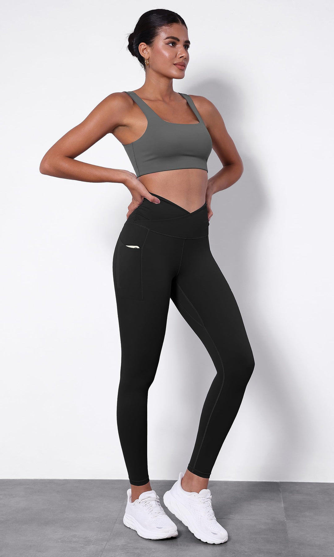 Women's Cross Waist Full Length Yoga Leggings with Pockets, Inseam 28 Gathered Crossover Workout Yoga Pants, Black, X-Small
