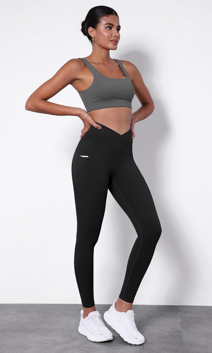 Women's Cross Waist Full Length Yoga Leggings with Pockets, Inseam 28 Gathered Crossover Workout Yoga Pants, Black, X-Small