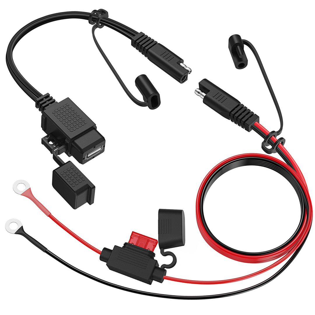 SAE to USB Cable Adapter Waterproof USB Charger Quick 2.1A Port with Inline Fuse for Motorcycle Cellphone Tablet GPS and More