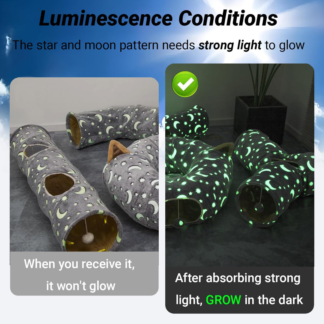 Cat Tunnel Bed Tube with Cushion and Plush Ball Toy Playground Crinkle Collapsible Self-Luminous Flannel Fabric 3FT for Large Cats Kittens Kitty Small Animals Puppy Grey Moon Star