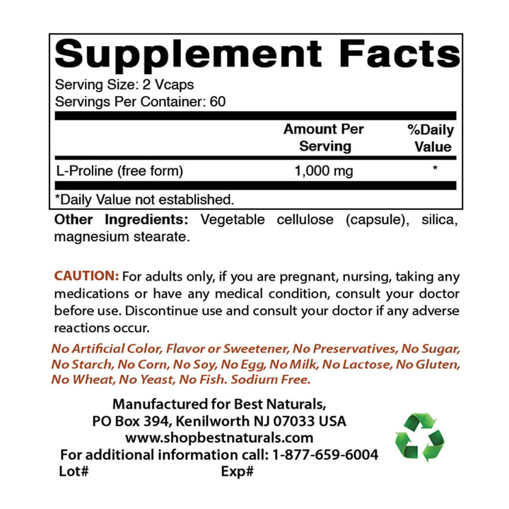 L-proline Amino Acid Dietary Supplement 500 Mg, 120 Count (817716014456)